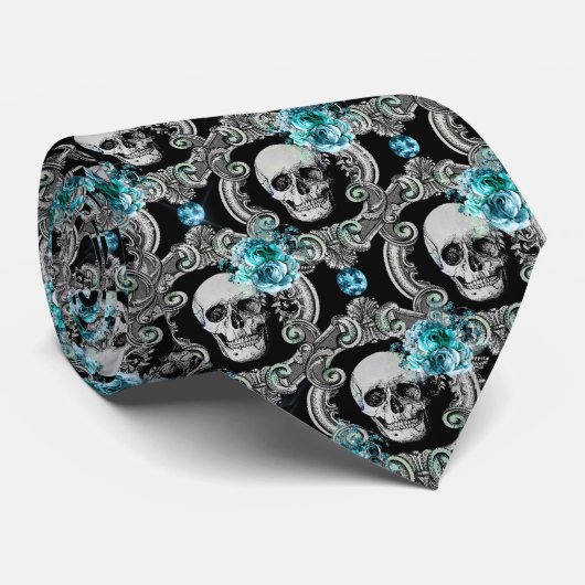 Blauw Floral Skull Pattern Stropdas (Opgerold)