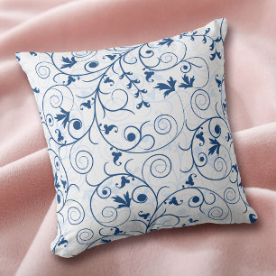 Blauw Floral Swirl Pattern op White Kussen