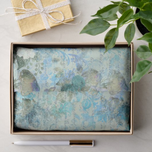 Blauw Floral Text Decoupage Paper Tissuepapier (Geschenk)