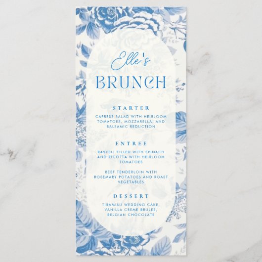 Blauw Floral Vrijgezellenfeest Gift Hartelijk dank Menu (Voorkant)