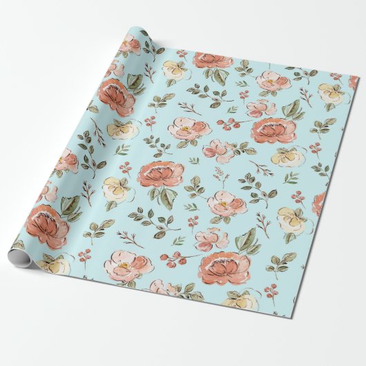 Blauw Floral wrapping Paper Cadeaupapier (Uitgerold)