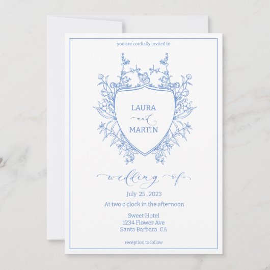 Blauw florale crest lijst, kalligrafie script kaart (Voorkant)