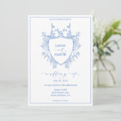 Blauw florale crest lijst, kalligrafie script kaart (Staand voorkant)