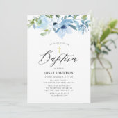 blauw florje baby baptisme uitnodiging (Staand voorkant)