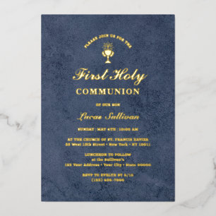 Blauw Fluweel Marmer Eerste Communie Folie Uitnodiging