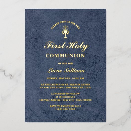 Blauw Fluweel Marmer Eerste Communie Folie Uitnodiging (Voorkant)