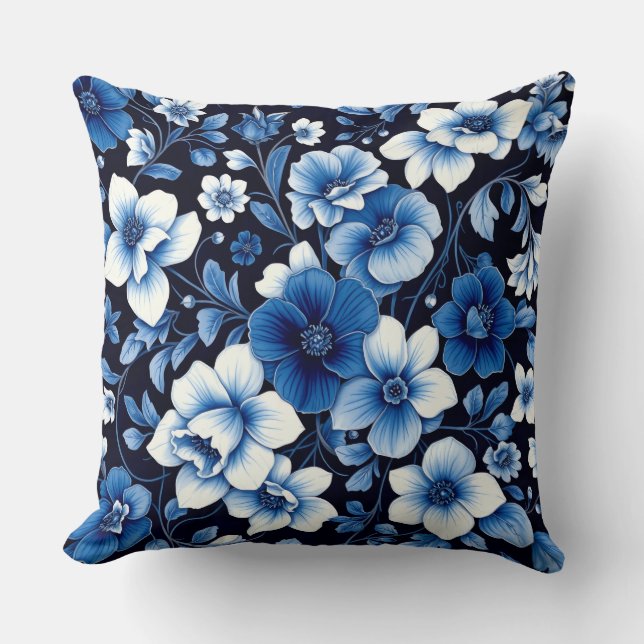 blauw fluwelen bloemen kussen (Voorkant)