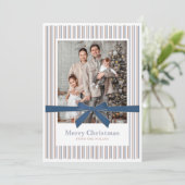 Blauw Fluwelen Strik Foto Kerstkaart (Staand voorkant)