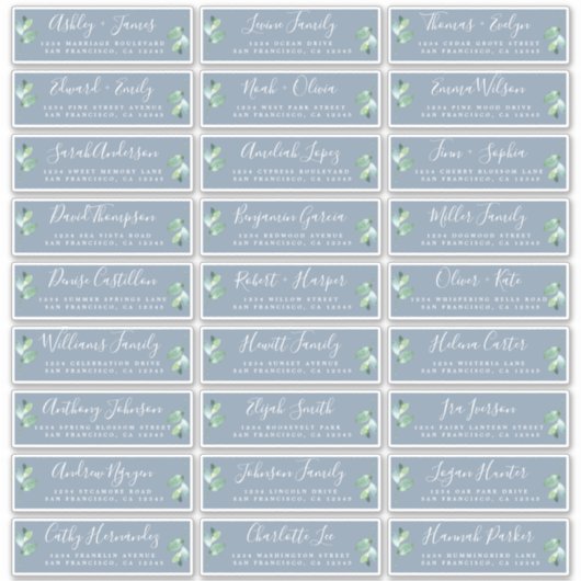 Blauw Foliage Bruiloft Gast Adresetiketten Sticker (Voorkant)