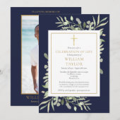 Blauw Foliage Foto Viering van het Leven Begrafeni Kaart (Voorkant / Achterkant)