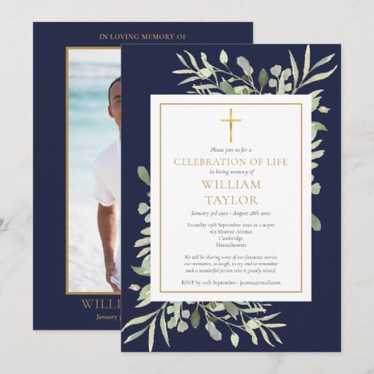 Blauw Foliage Foto Viering van het Leven Begrafeni Kaart (Voorkant / Achterkant)