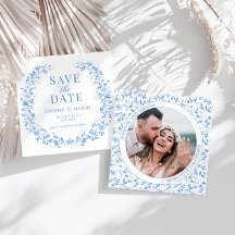 Blauw folk bloemenbewaar de Datum foto uitnodiging