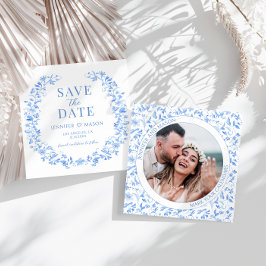 Blauw folk bloemenbewaar de Datum foto uitnodiging