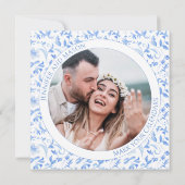 Blauw folk bloemenbewaar de Datum foto uitnodiging (Achterkant)