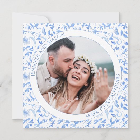 Blauw folk bloemenbewaar de Datum foto uitnodiging (Achterkant)