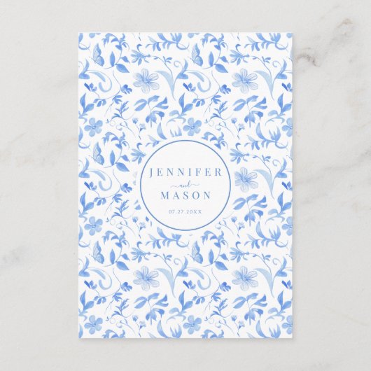 Blauw folk bloemenporselein bruiloft menukaarten informatiekaartje (Achterkant)