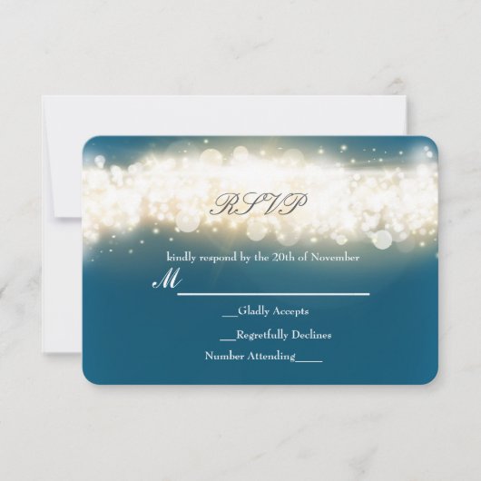 Blauw fonkelend licht explosie bruiloft RSVP kaart (Voorkant)
