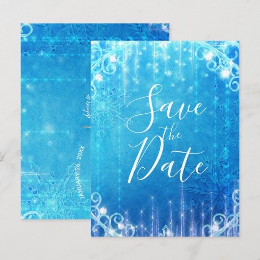 Blauw Fonkelende Bevroren Ijs Winter Bewaar de Dat Aankondigingskaart (Voorkant / Achterkant)