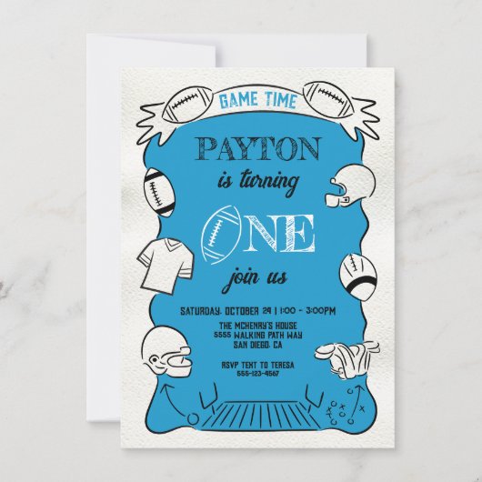 Blauw Football 1e Hand getrokken Verjaardag Kaart (Voorkant)