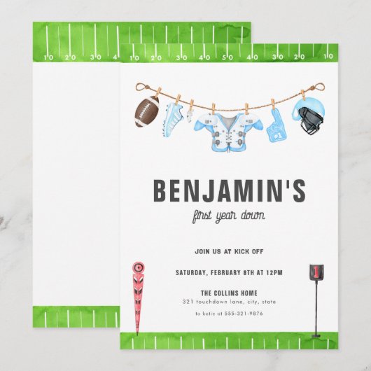 Blauw Football Verjaardag Eerste jaar Down 1e Uitn Kaart (Voorkant / Achterkant)