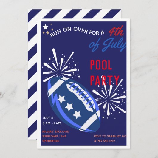 blauw Football Vierde juli Pool Party Kaart (Voorkant / Achterkant)
