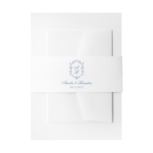 Blauw Formele Monogram Creet & Script Wedding Uitnodigingen Wikkel (Voorkant Voorbeeld)