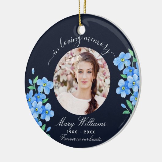 Blauw foto-gedenkteken vergeet me niet bloemen keramisch ornament (Links)