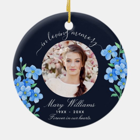 Blauw foto-gedenkteken vergeet me niet bloemen keramisch ornament (Achterkant)