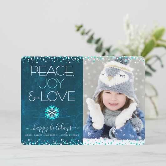 Blauw Foto Vrede Vreugde Liefde Sneeuwvlok Modern  Feestdagenkaart (Staand voorkant)