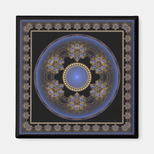Blauw fractal ronde omlijst ornament magneet (Voorkant)