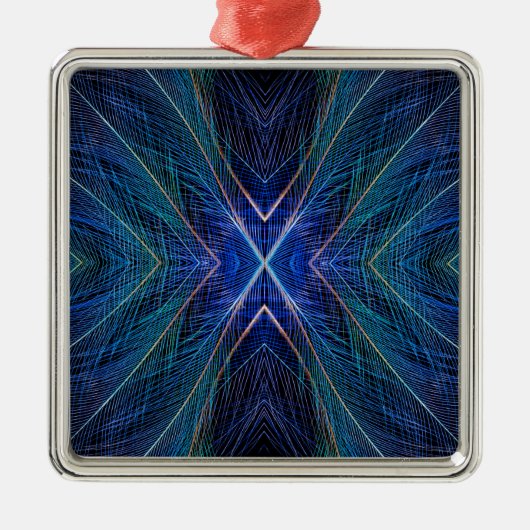 Blauw Fractal Veerontwerp Metalen Ornament (Voorkant)