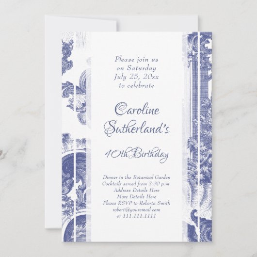 Blauw Frans Barok Toile Verjaardagsfeest Kaart (Voorkant)