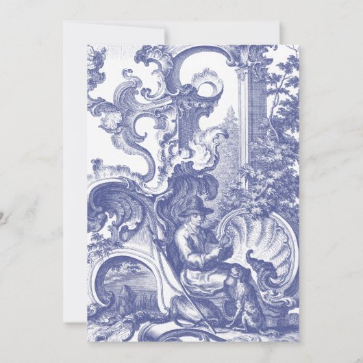 Blauw Frans Barok Toile Verjaardagsfeest Kaart (Achterkant)