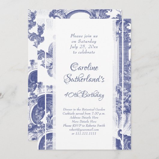 Blauw Frans Barok Toile Verjaardagsfeest Kaart (Voorkant / Achterkant)