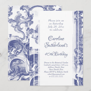 Blauw Frans Barok Toile Verjaardagsfeest Kaart