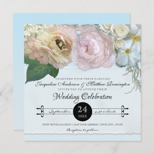Blauw Frans Bloemen Pioen Typografie Bruiloft Kaart (Voorkant / Achterkant)