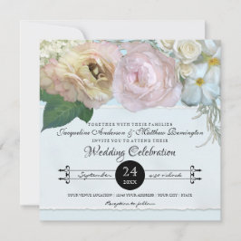 Blauw Frans Bloemen Pioen Typografie Bruiloft Kaart