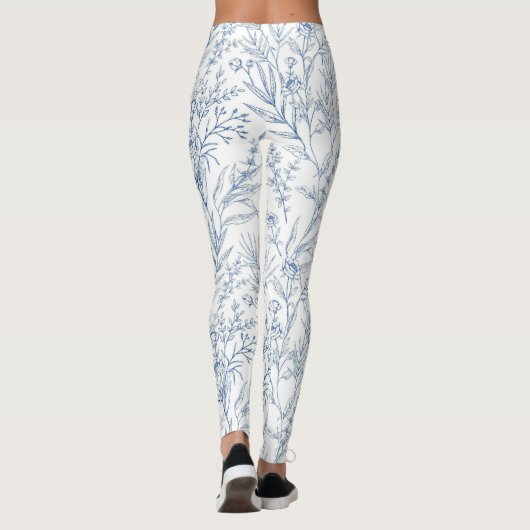 Blauw Frans Bloemen Toile Patroon Leggings (Achterkant)