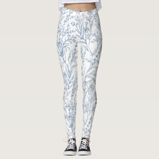 Blauw Frans Bloemen Toile Patroon Leggings (Voorkant)