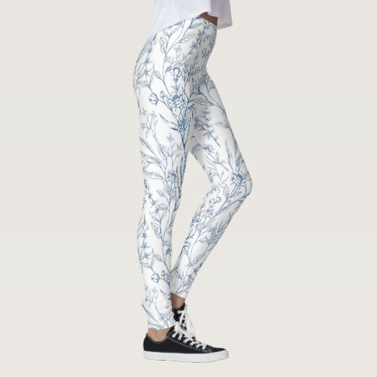 Blauw Frans Bloemen Toile Patroon Leggings (Rechts)