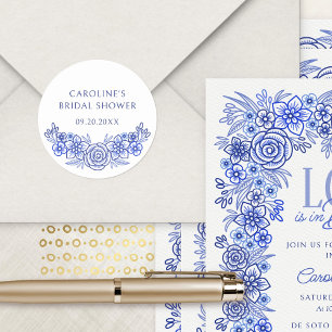 Blauw Frans bloemendesign voor bruidsdouche Ronde Sticker