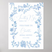 Blauw frans bloemenwelkom vrijgezellenfeest poster (Voorkant)