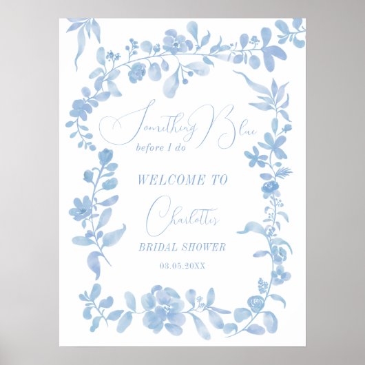 Blauw frans bloemenwelkom vrijgezellenfeest poster (Voorkant)