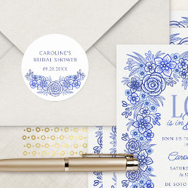 Blauw Frans bloemmotief bruidsdouche Ronde Sticker