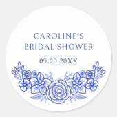 Blauw Frans bloemmotief bruidsdouche Ronde Sticker (Voorkant)