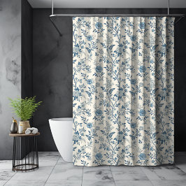 Blauw Frans bloemmotief Toile de Jouy  Douchegordijn
