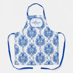 Blauw Frans Damast Toile Patroon Monogram Naam Schort
