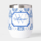 Blauw Frans Damast Toile Patroon Naam Monogram (Achterkant)