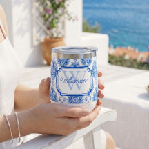 Blauw Frans Damast Toile Patroon Naam Monogram