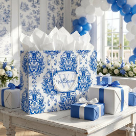 Blauw Frans Damast Toile Patroon Naam Monogram Groot Cadeauzakje